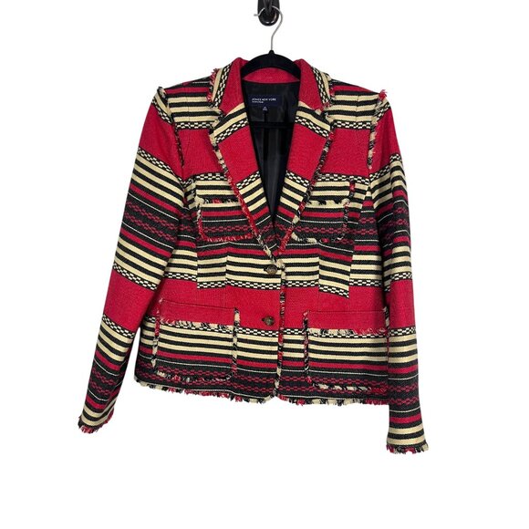 Jones NY Striped Western Jacket 10 Red Southwest Textured Fringe Boho Funky Chic - Picture 1 of 14
